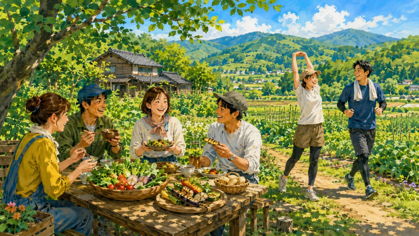 畑のそばで食事を囲み、笑い合う仲間たち